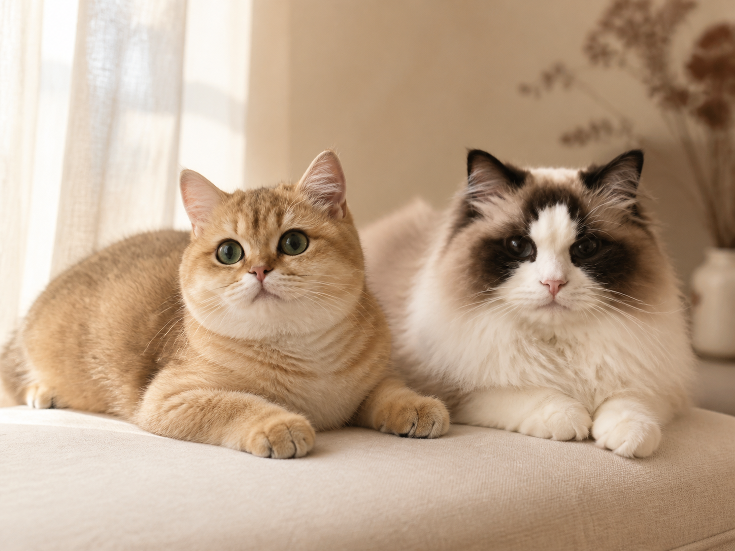 A golden British Shorthair and a Ragdoll cat relaxing together at home